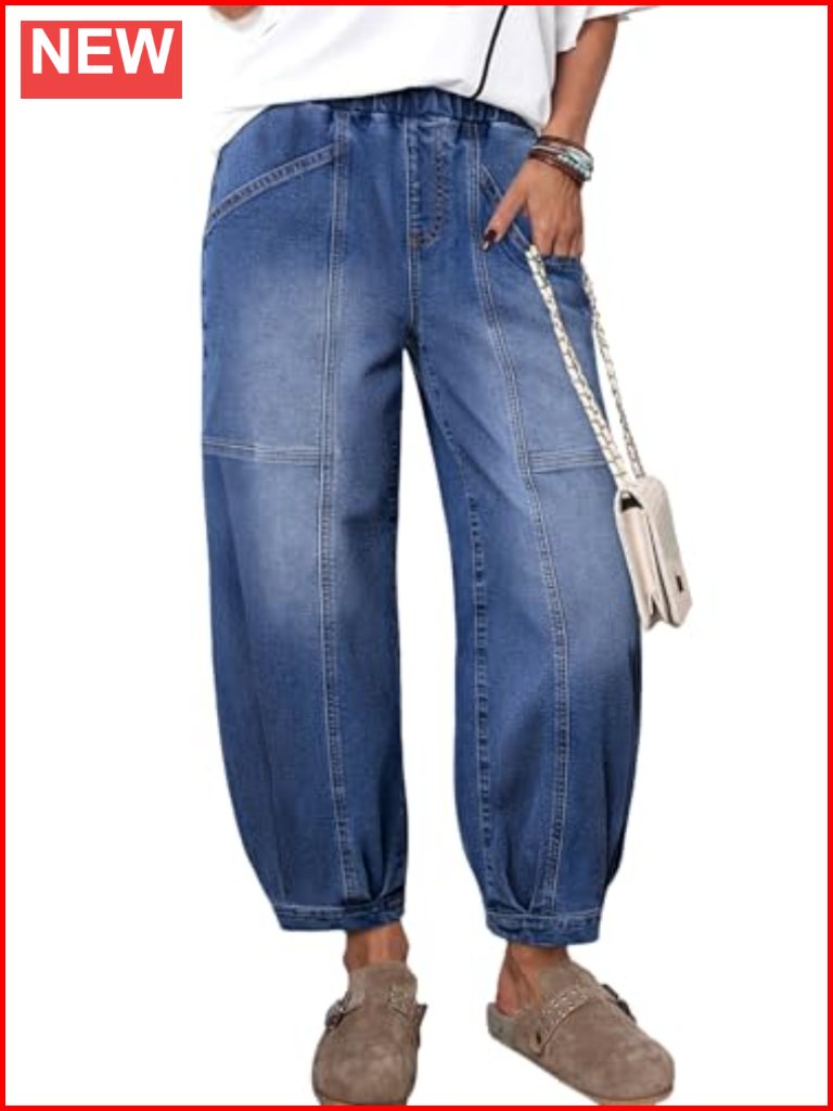 Wide Leg Barrel Jeans High Waisted Cropped Baggy Relax Fit Stretch Pocketed